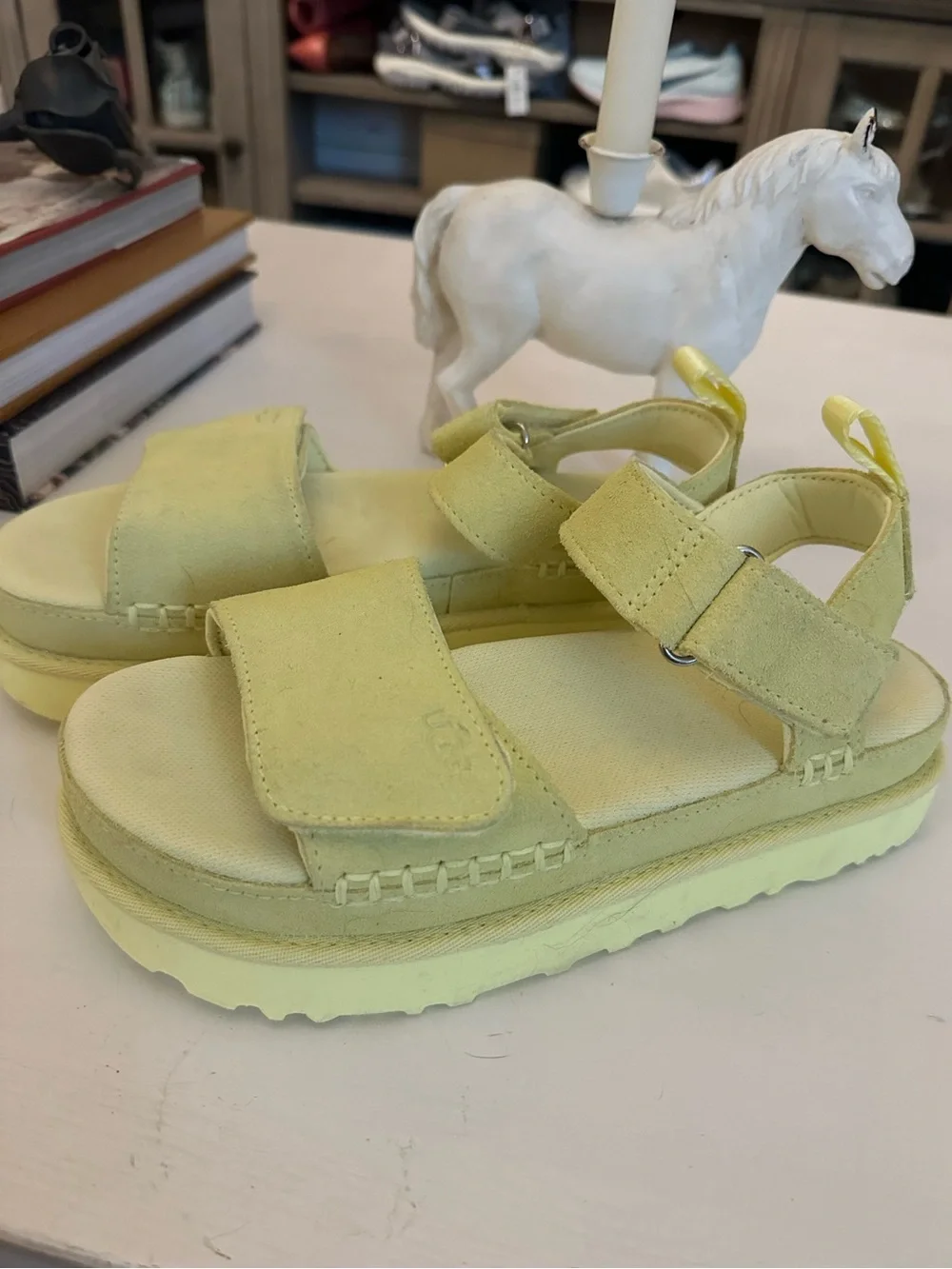 NWOT UGG Women's Goldenstar Suede Platform Velcro Sandal in Lemon Yellow - 7